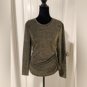 NINE WEST Elegant Metallic Black Gold Shirred Long Sleeve Ruched Blouse Size S